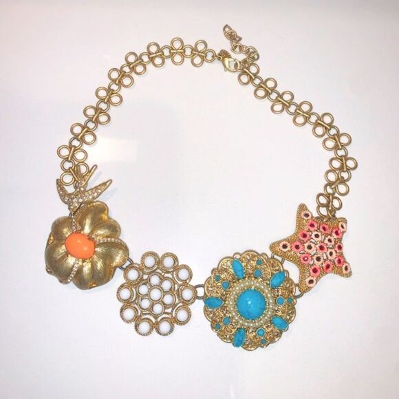 Stella & Dot Bird of Paradise Statement Necklace Gold Turquoise Coral Retired - Picture 7 of 10